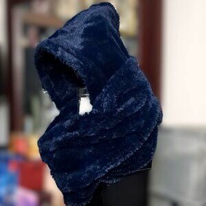 Blue Fashionable Fuzzy Reversible Hooded Scarf [Scoodie] Like New
